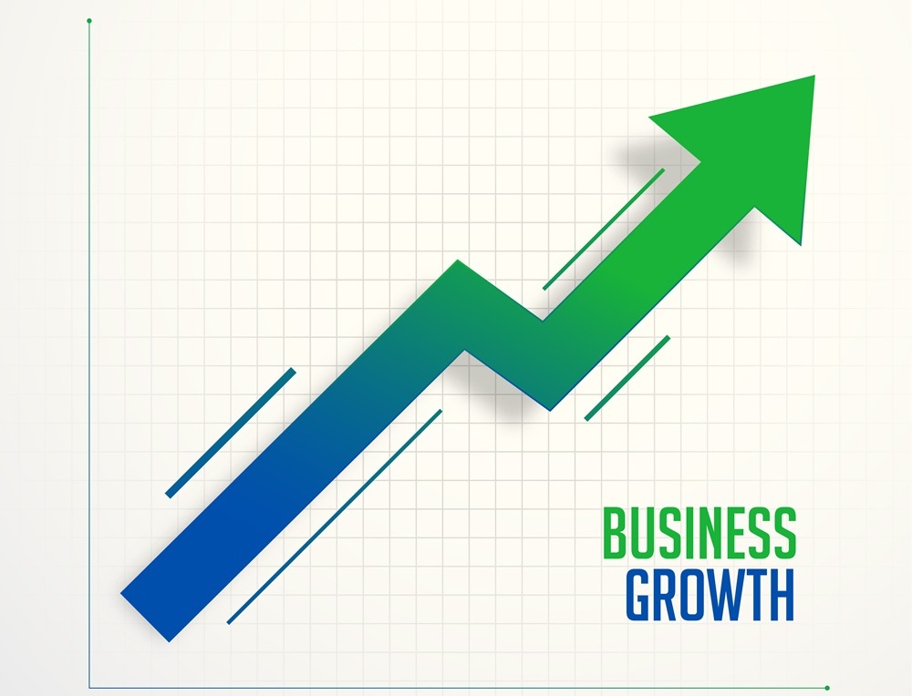 Upward trending green and blue arrow on a graph background representing business growth.