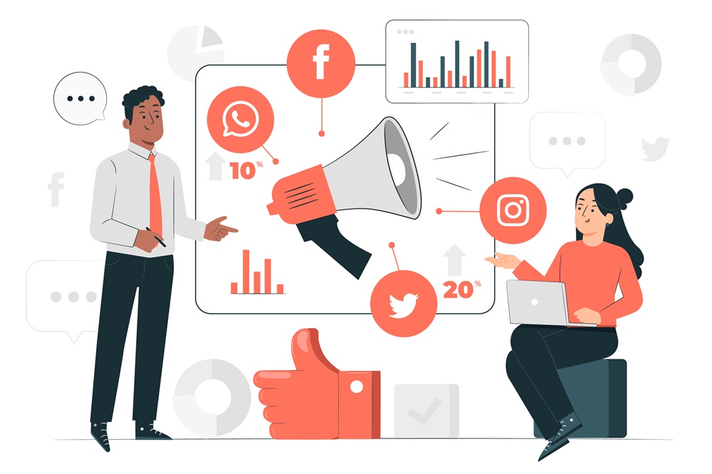Illustration of two people discussing social media marketing with icons for Facebook, Twitter, WhatsApp, and Instagram around a megaphone.