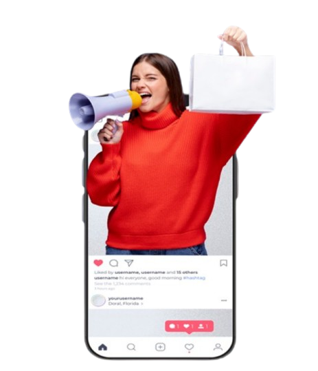 A woman in a red sweater holding a megaphone and shopping bag, emerging from a smartphone screen simulating a social media post.