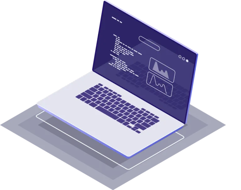 Isometric illustration of a laptop displaying code and data visualizations on the screen.