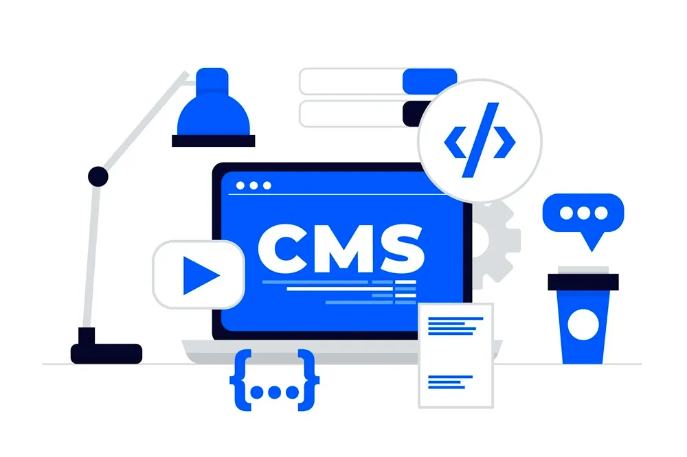 Illustration of a CMS (Content Management System) interface on a laptop surrounded by coding icons, documents, and a coffee cup