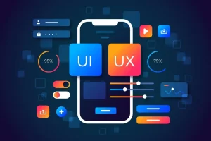 Illustration of a smartphone with UI and UX elements, surrounded by design and interface customization icons.