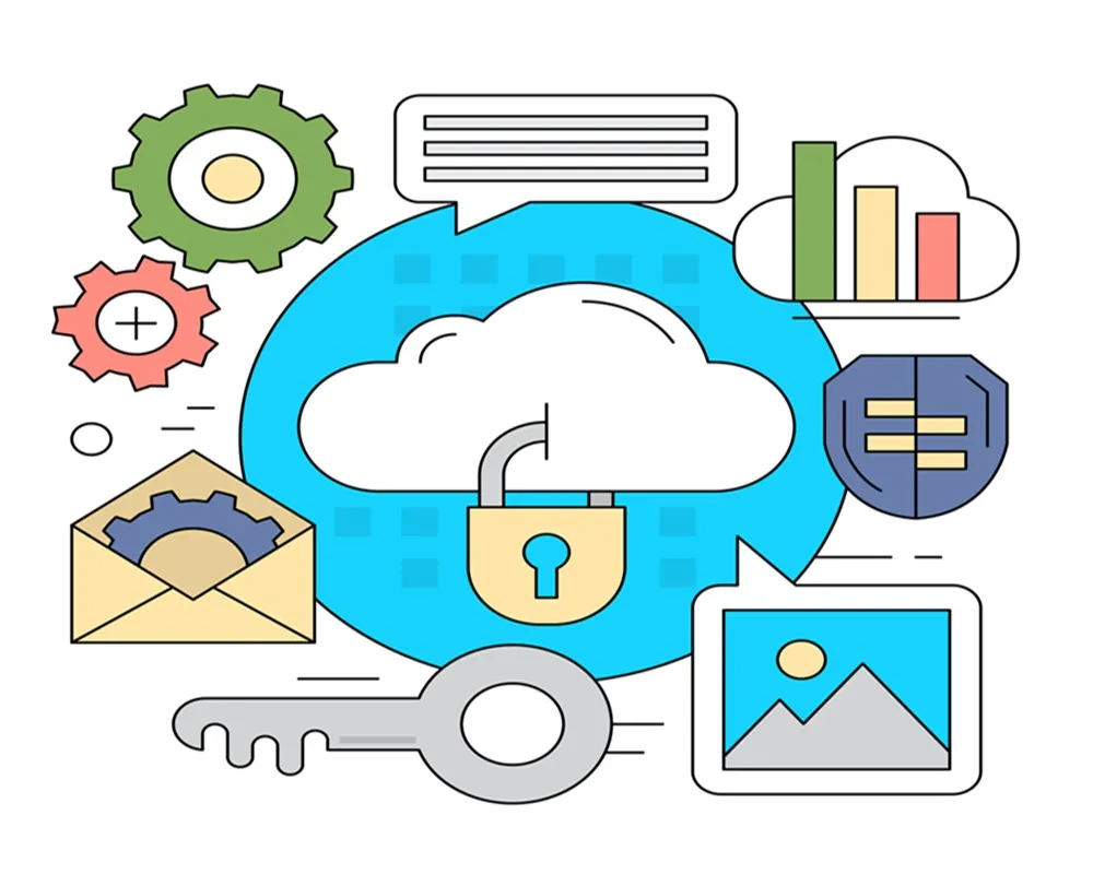 Illustration of cloud computing with security icons, email, key, shield, analytics, and image elements surrounding a cloud.