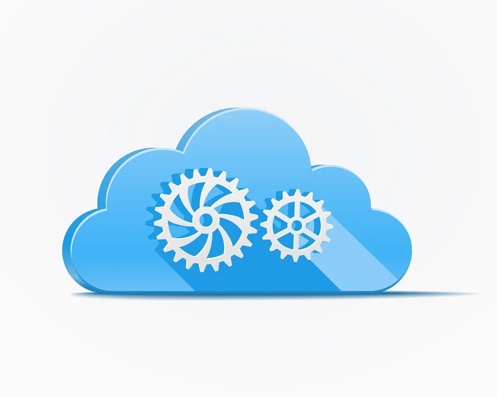 Illustration of a blue cloud with two interlocking gears inside, symbolizing cloud-based operations or cloud computing automation.