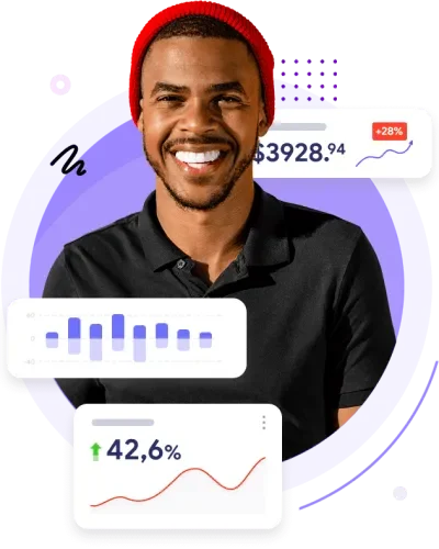 Smiling man in red beanie surrounded by financial dashboard graphics.